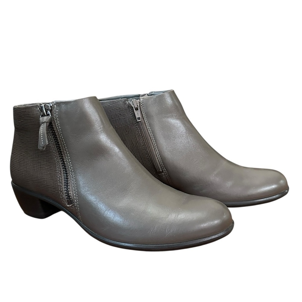 Ecco Leather Ankle Bootie Taupe Gray Double Zipper Women’s 38/7.5 Mixed Pattern